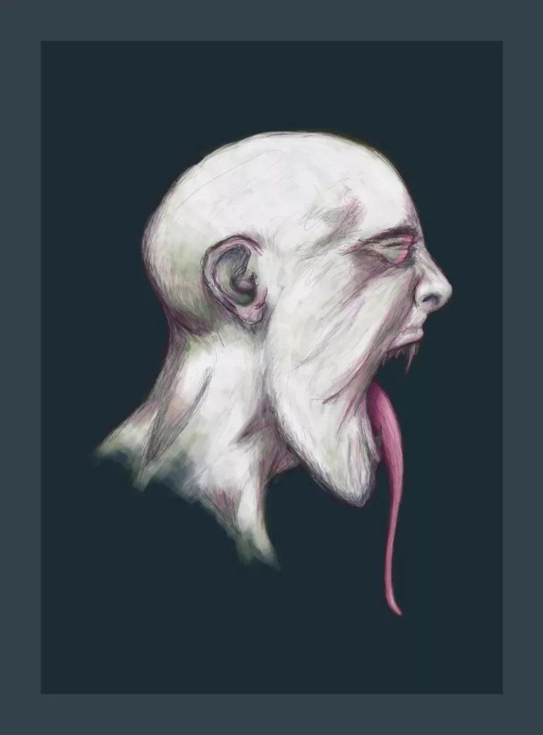 Digital toned piece of a bust of a demon's profile sticking his tongue out.