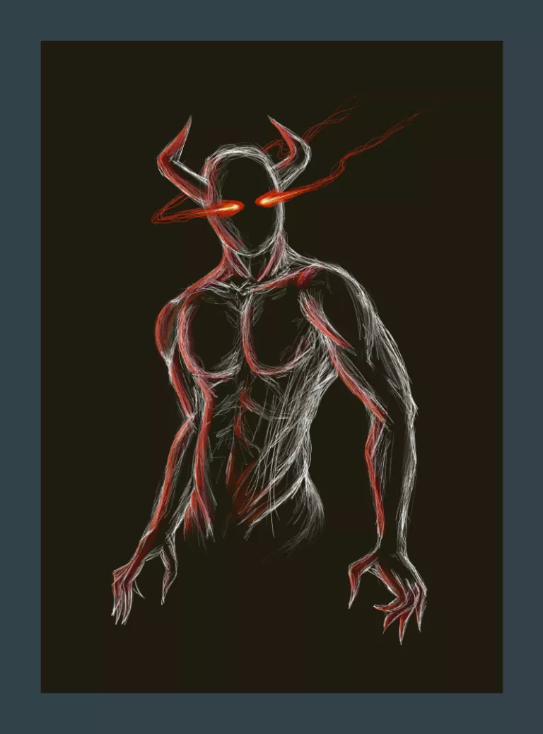 Colored digital illustration of a demon with fiery eyes.