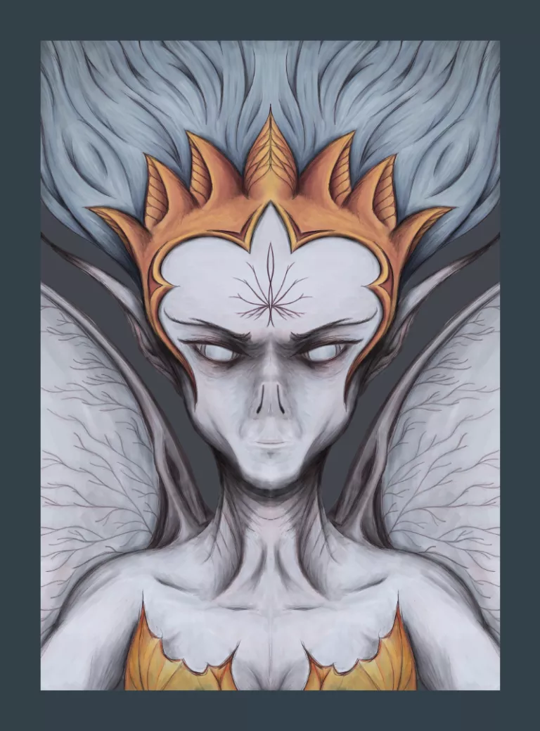 A symmetrical digital colored illustration of a queen Fae.