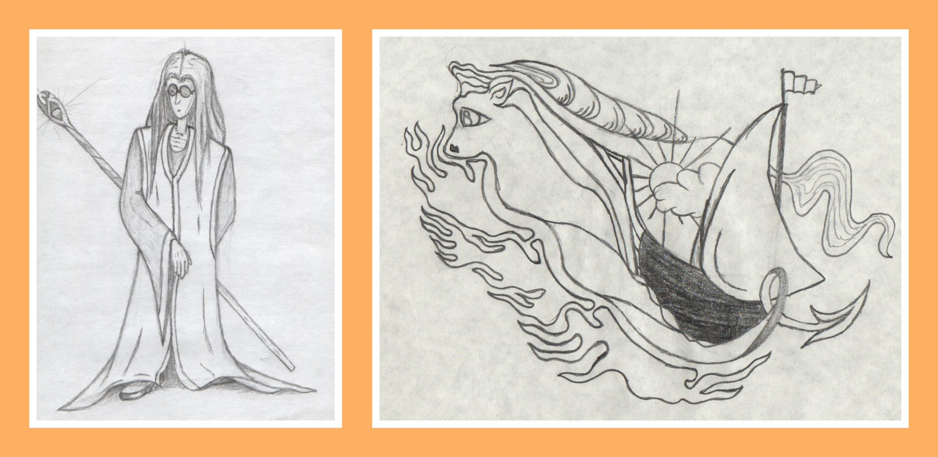 A traditional pencil sketch of a wizard and a fantasy world with boat sketch.