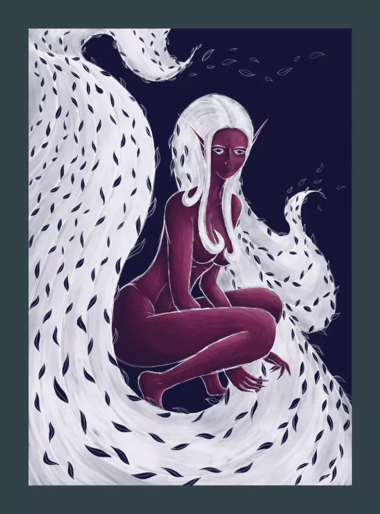 A colored digital illustration of an elf spirit with long wavy white hair.