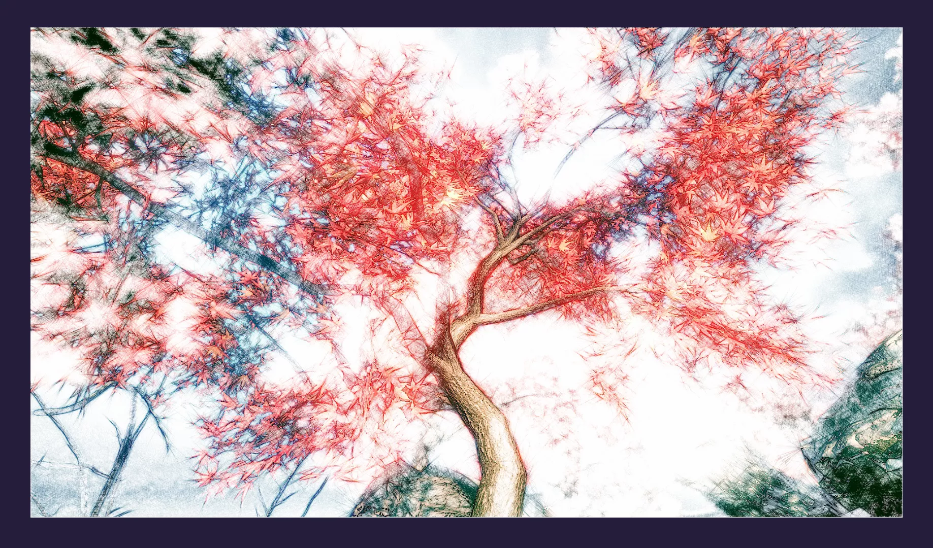 Rendered image of a red maple-like tree made in Flowscape and processed through Foto Sketcher.