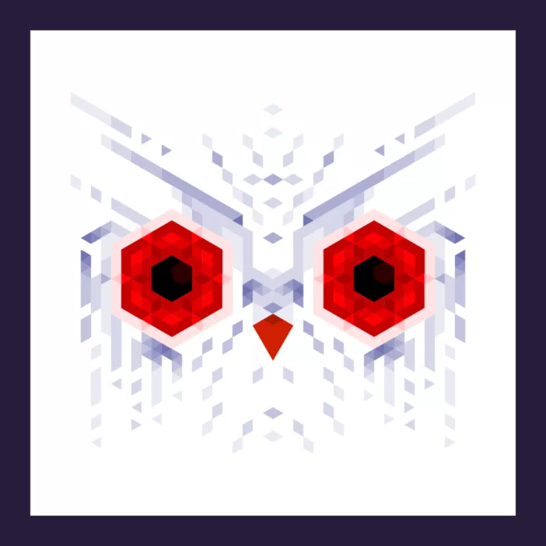 Vector illustration of an owl with red eyes.