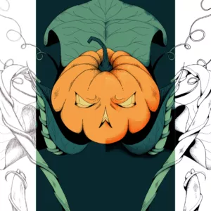 Illustration segments of a pumpkin monster.