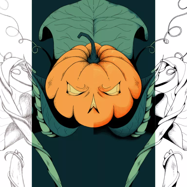 Illustration segments of a pumpkin monster.