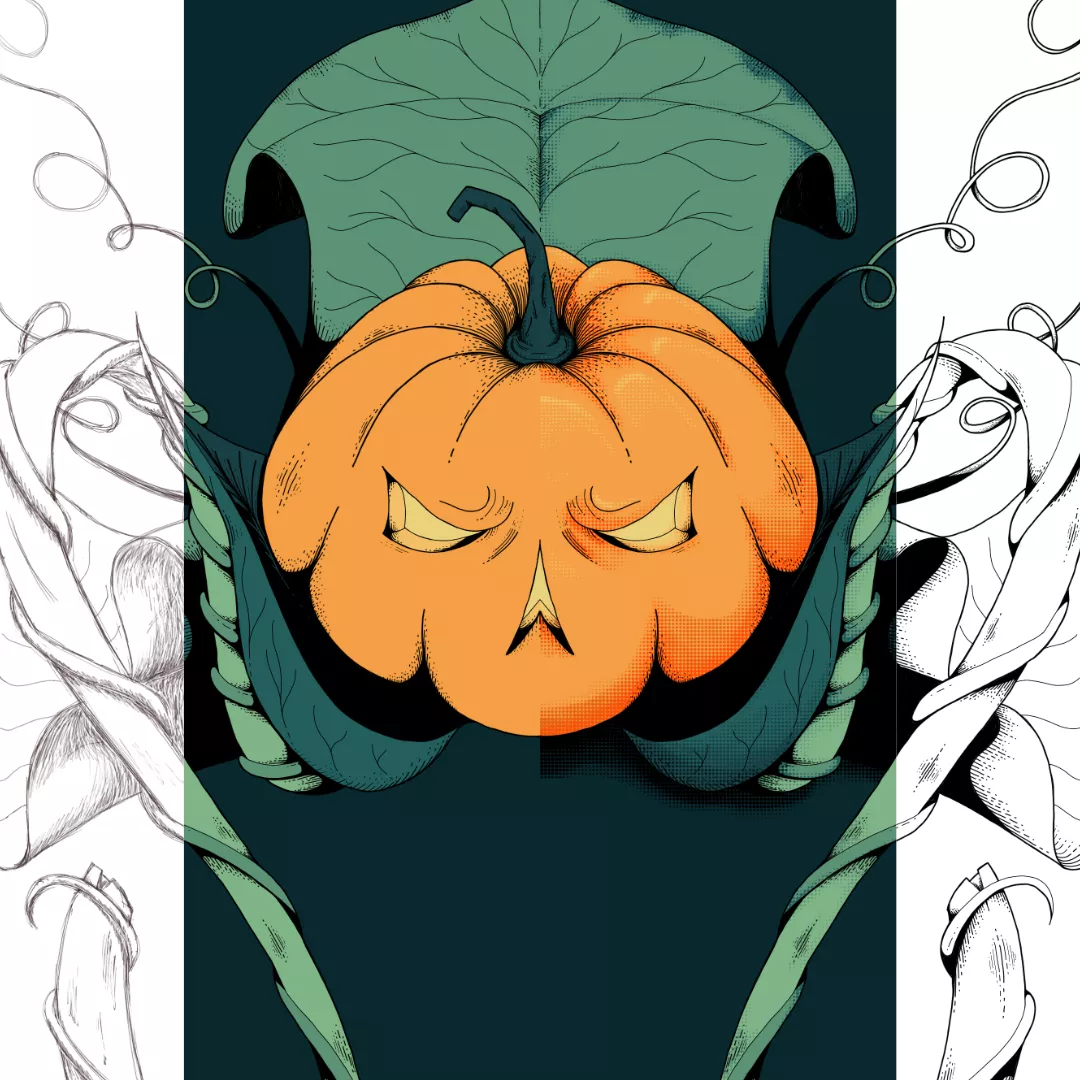 Illustration segments of a pumpkin monster.