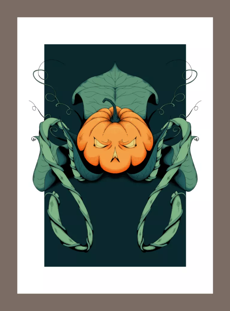 Colored illustration of the pumpkin monster.