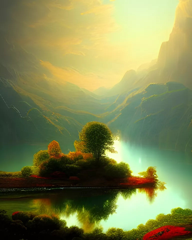 Cover artwork generated by AI of a serene landscape, lake with an island with trees.